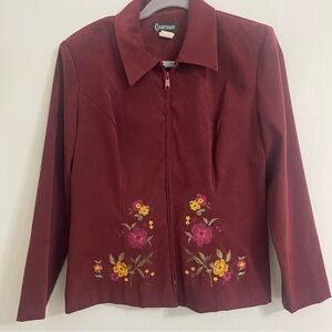 Vtg Courtenay Jacket‎ 8 Burgandy Long Sleeve Floral Embroidered Y2K Zip Shacket